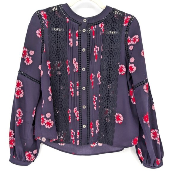 Sea New York Navy Silk Floral Lace Panel Button Up Coquette Blouse Size 2 - Picture 5 of 9